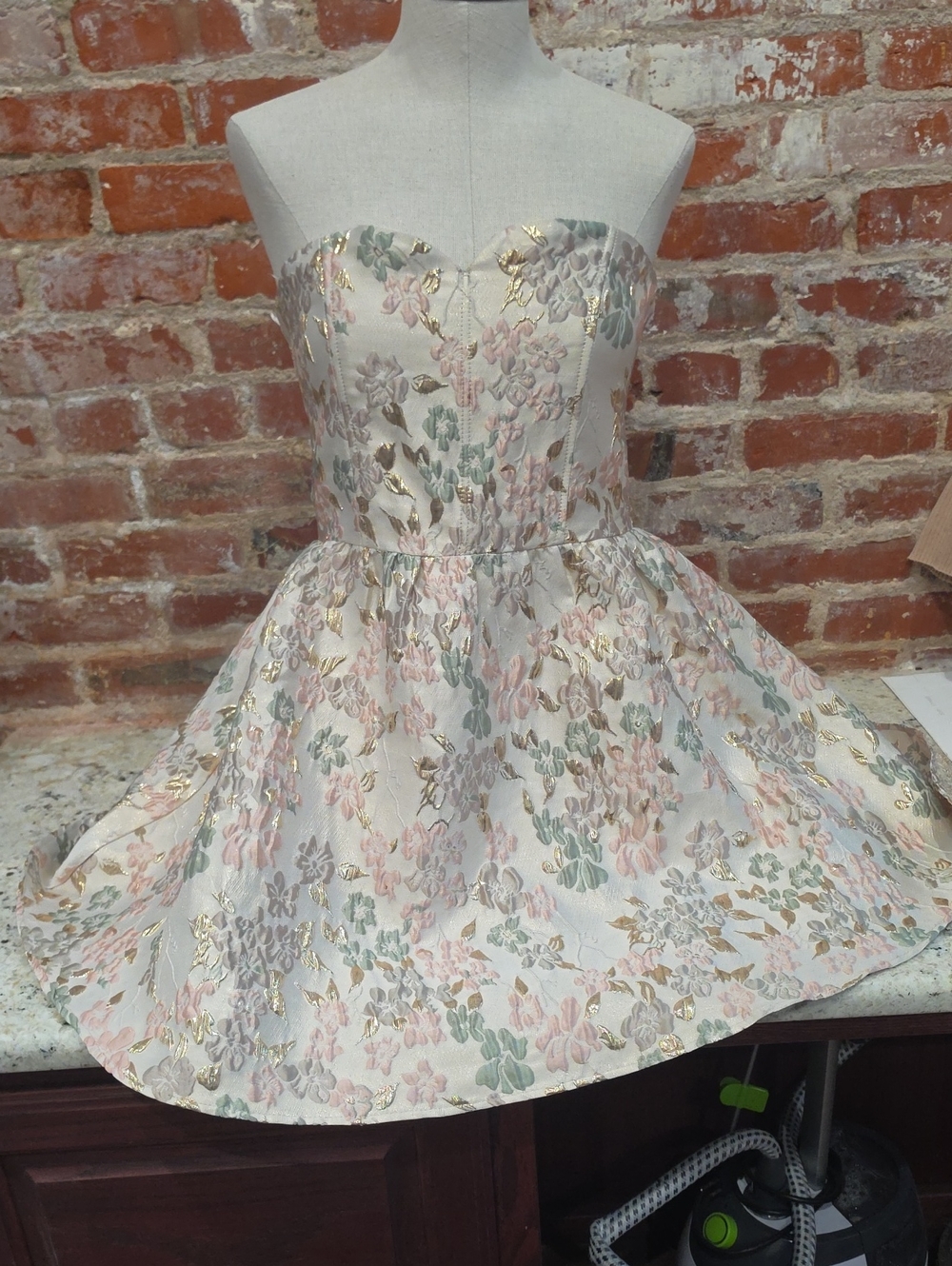 Strapless Floral Brocade Kids Dress in Pastel Pink and Green